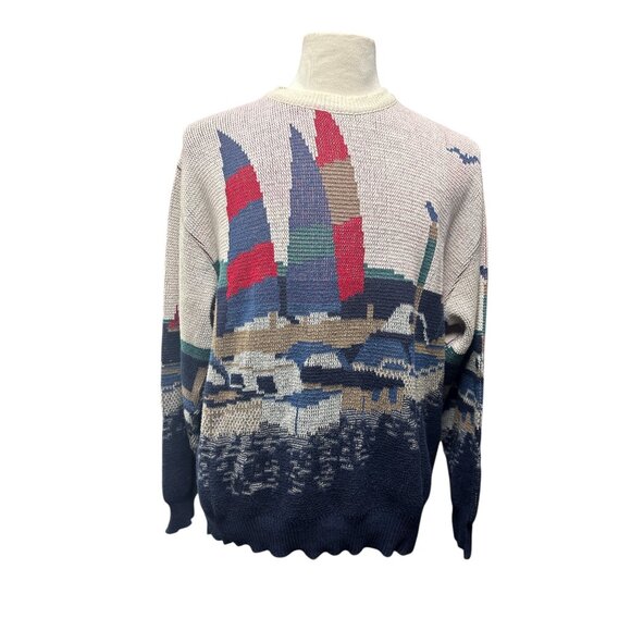 Vintage Sundog Martha’s Vineyard Sailboat Sweater | 80s Coastal Knit Art Scene | - Picture 2 of 11